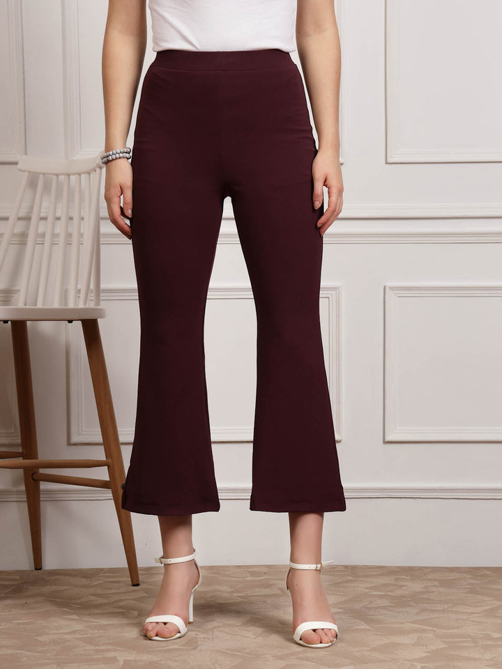 Burgundy Women Mid Rise Bootcut Trousers