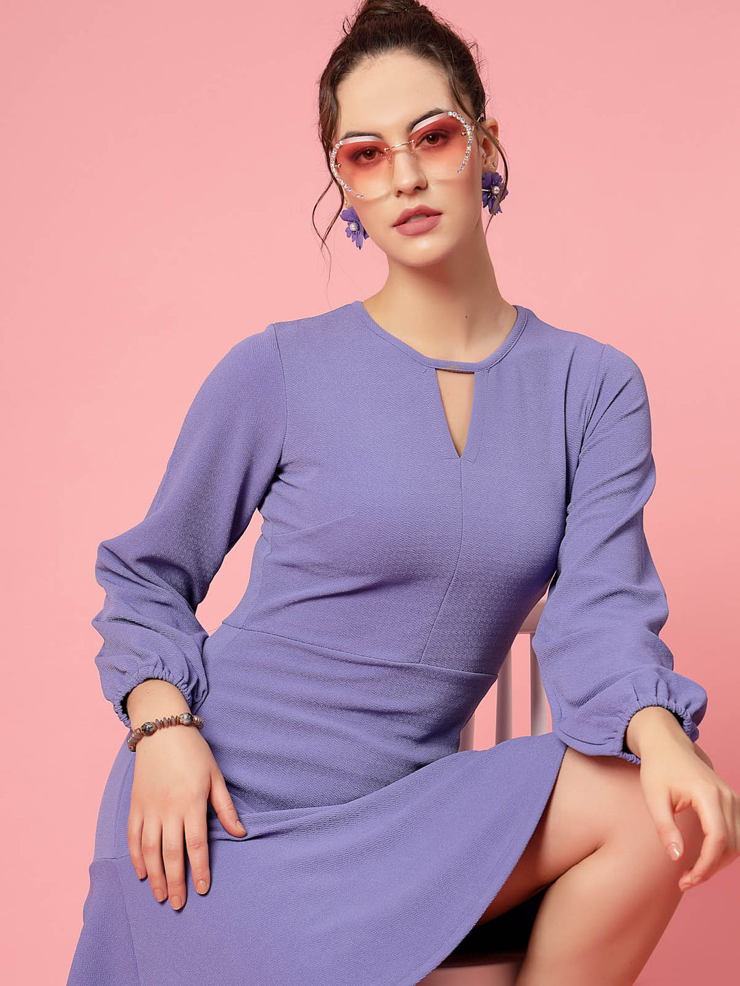 Purple V-Neck Puff Sleeve Fit  Flare Dress