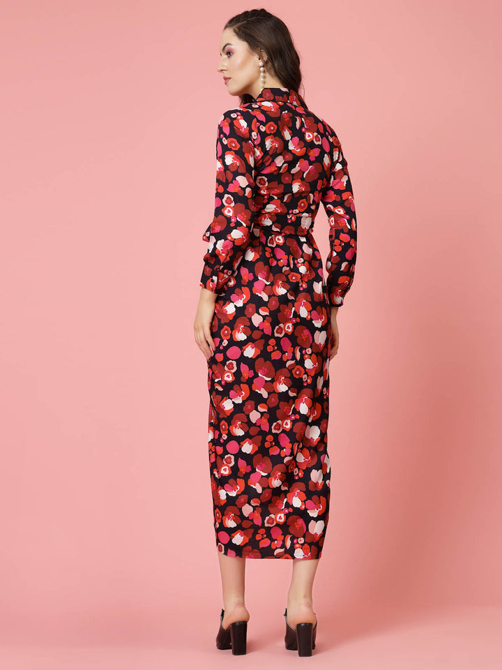 Pink  Black Floral Printed Shirt Collar Cuffed Sleeves Gathered Maxi Dress