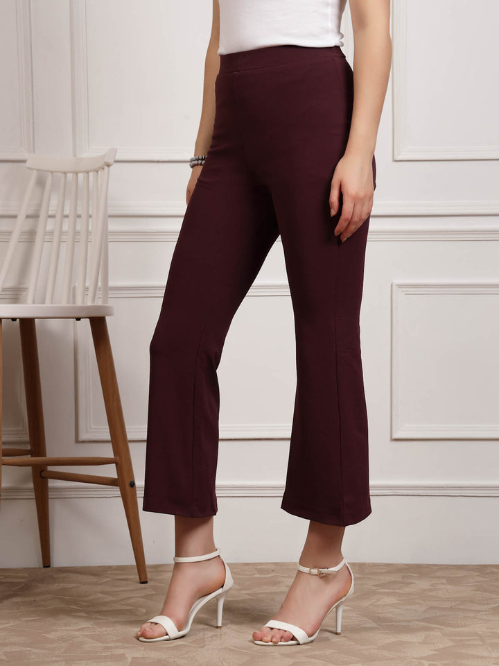 Burgundy Women Mid Rise Bootcut Trousers