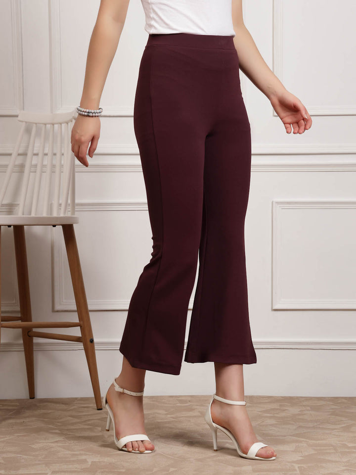 Burgundy Women Mid Rise Bootcut Trousers