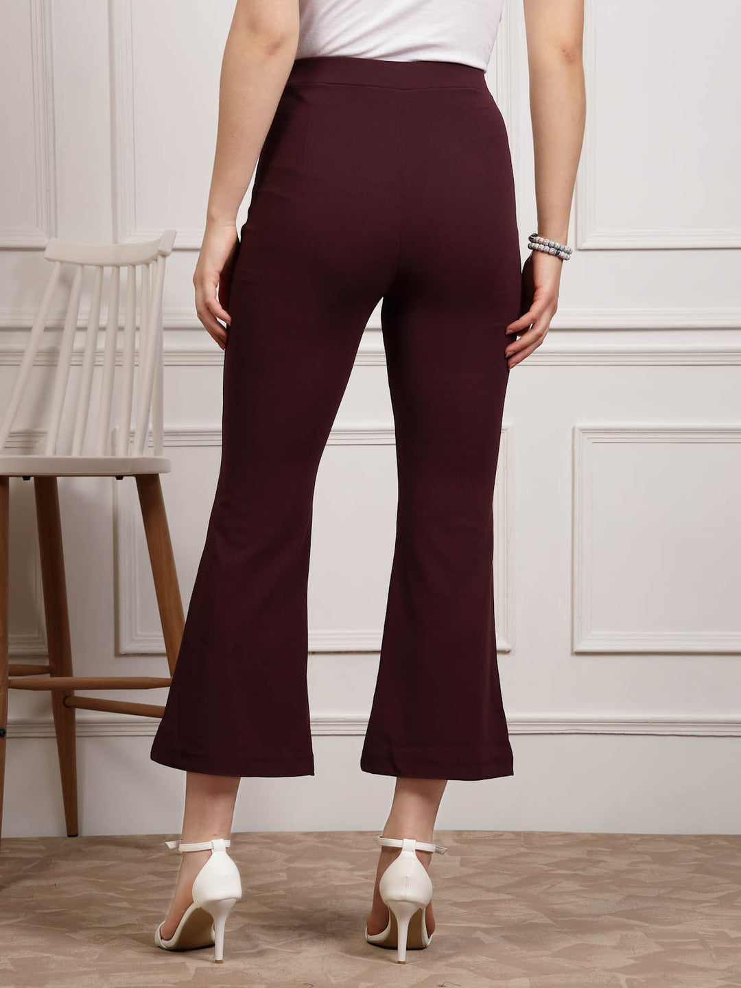 Burgundy Women Mid Rise Bootcut Trousers