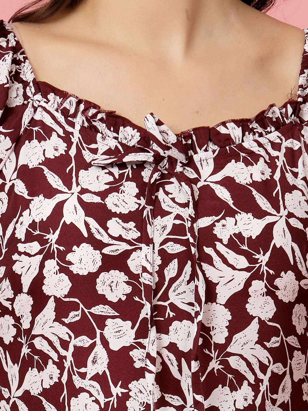 Maroon  White Floral Printed Puff Sleeves Ruffles Detail A-Line Dress