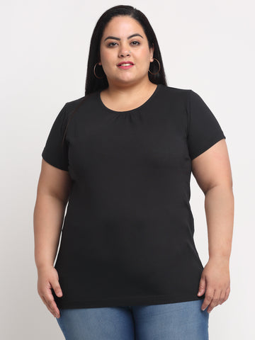 Plus Size Women Black Solid Regular Fit Cotton T-shirt