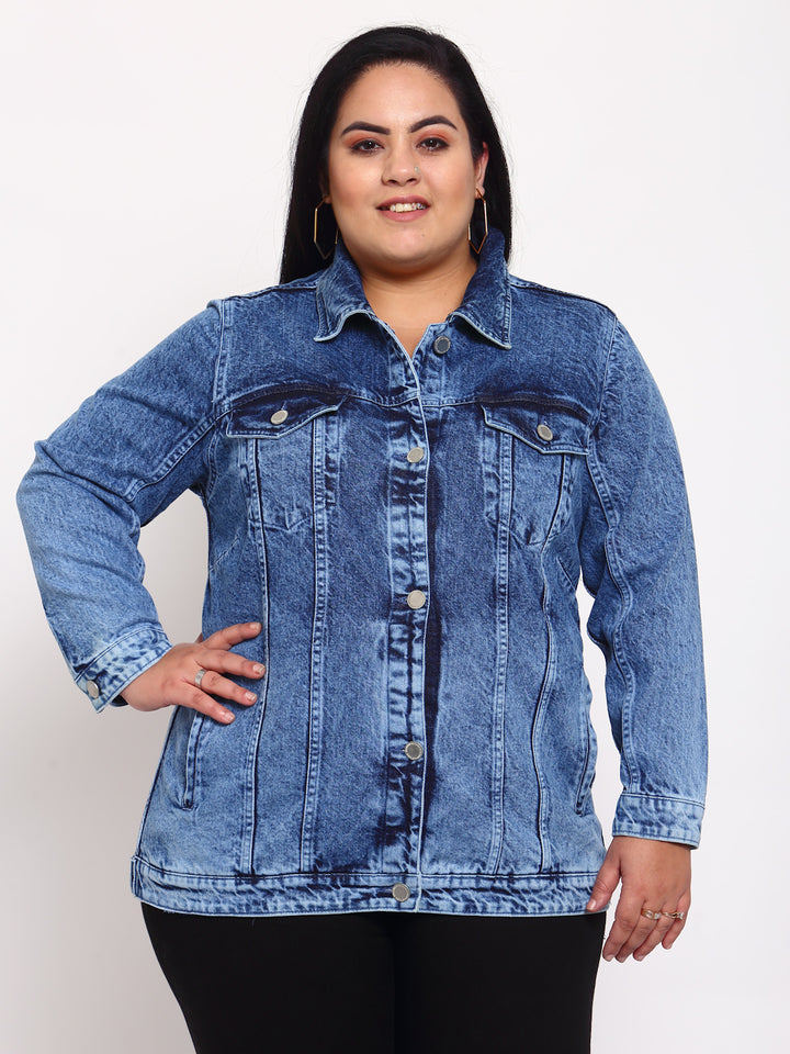 plusS Women Blue Washed Denim Jacket