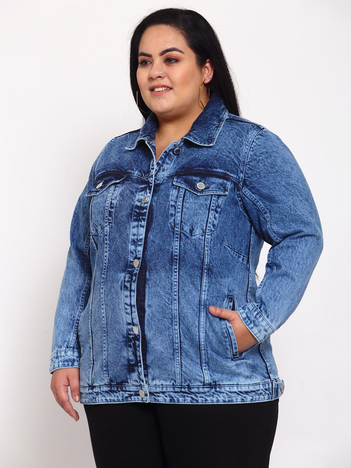 plusS Women Blue Washed Denim Jacket