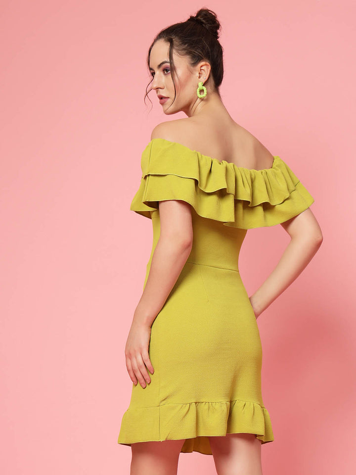 Mustard Yellow Off-Shoulder Ruffles Sheath Dress