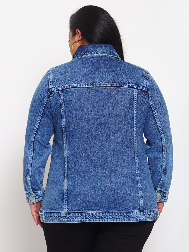 plusS Women Blue Washed Denim Jacket