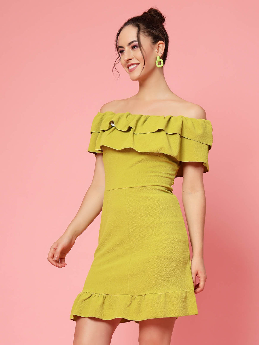 Mustard Yellow Off-Shoulder Ruffles Sheath Dress