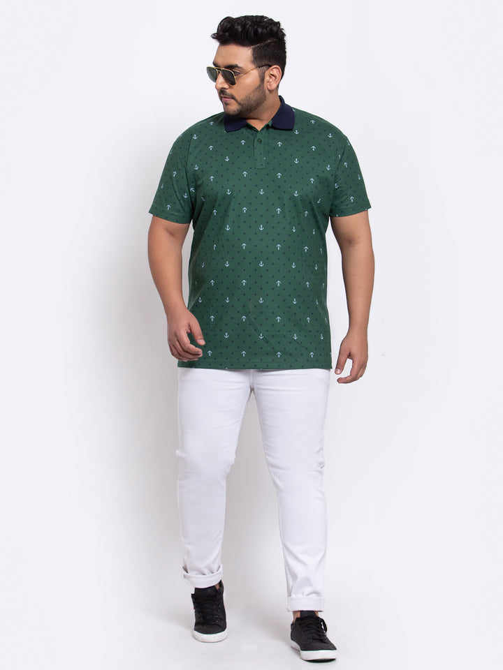 PlusS Men Green Printed Polo Collar T-shirt