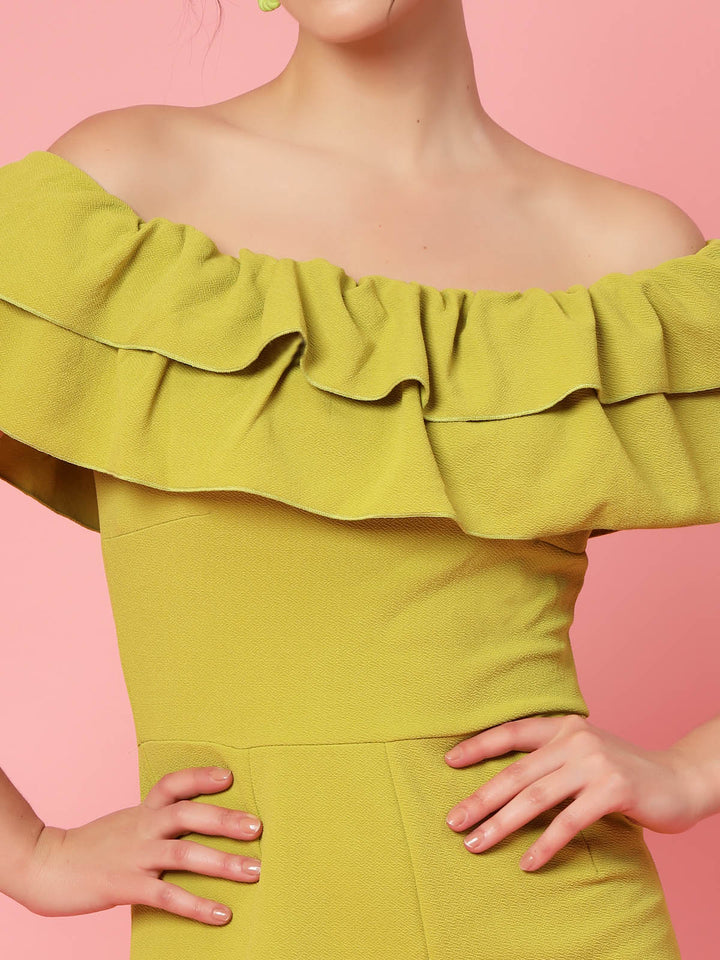 Mustard Yellow Off-Shoulder Ruffles Sheath Dress