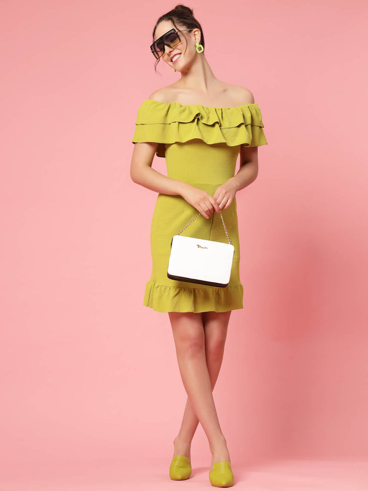 Mustard Yellow Off-Shoulder Ruffles Sheath Dress