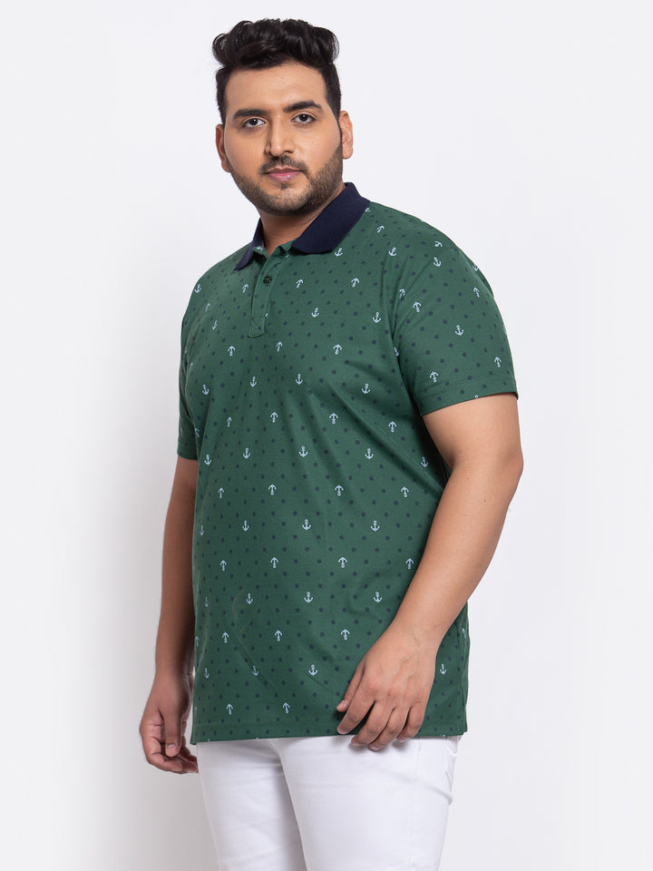 PlusS Men Green Printed Polo Collar T-shirt