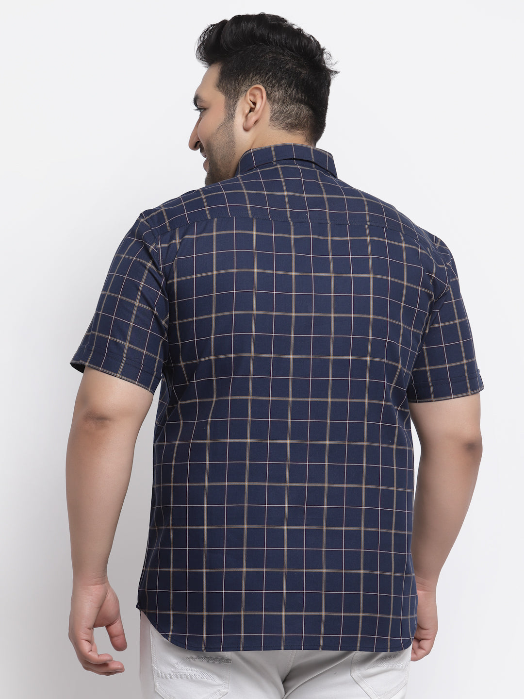 Plus Size Men Navy Blue Windowpane Checks Checked Casual Shirt