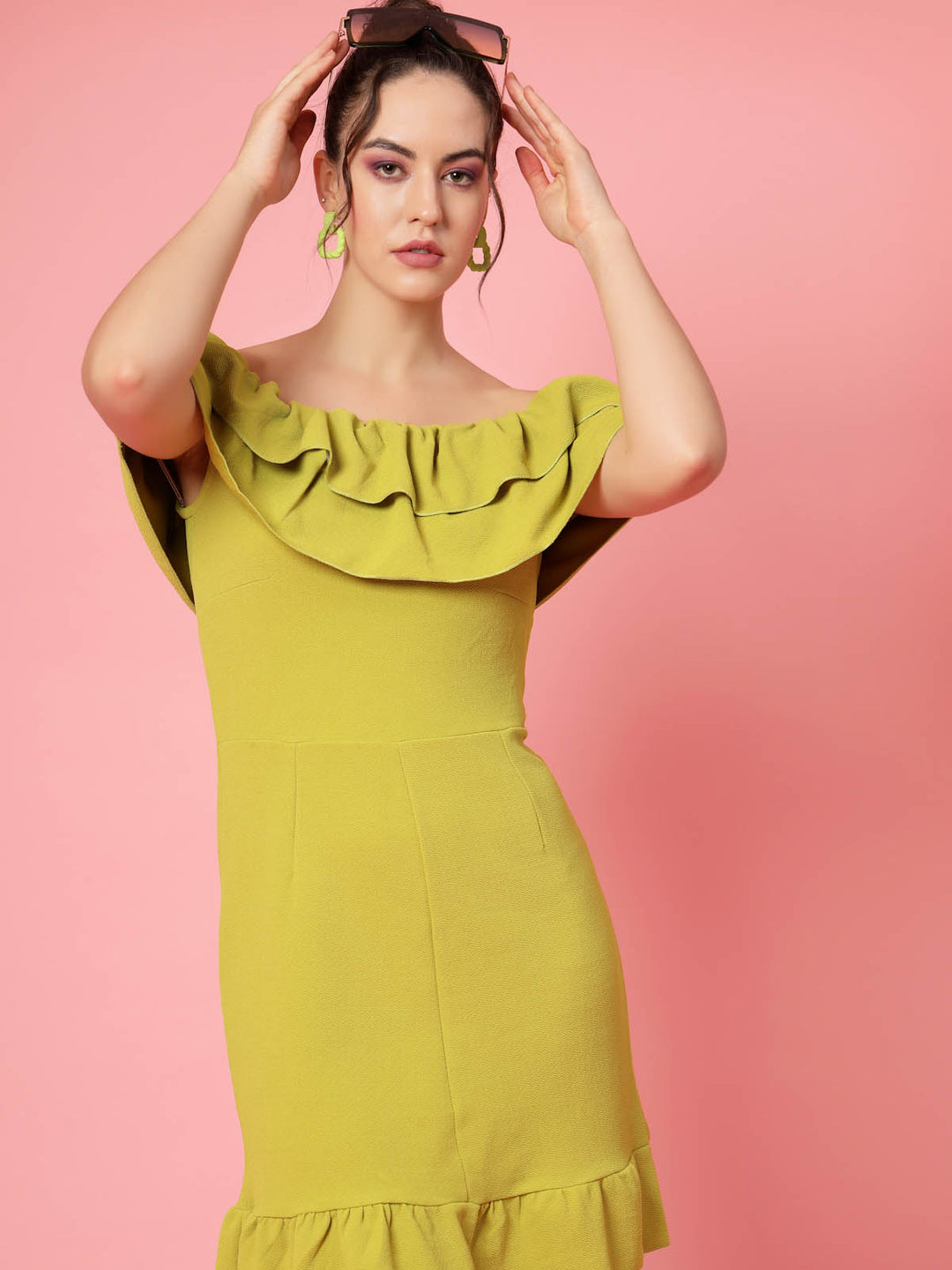 Mustard Yellow Off-Shoulder Ruffles Sheath Dress