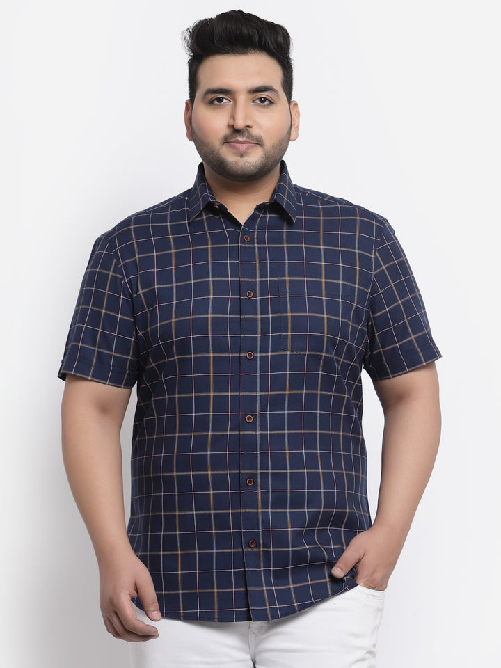 Plus Size Men Navy Blue Windowpane Checks Checked Casual Shirt