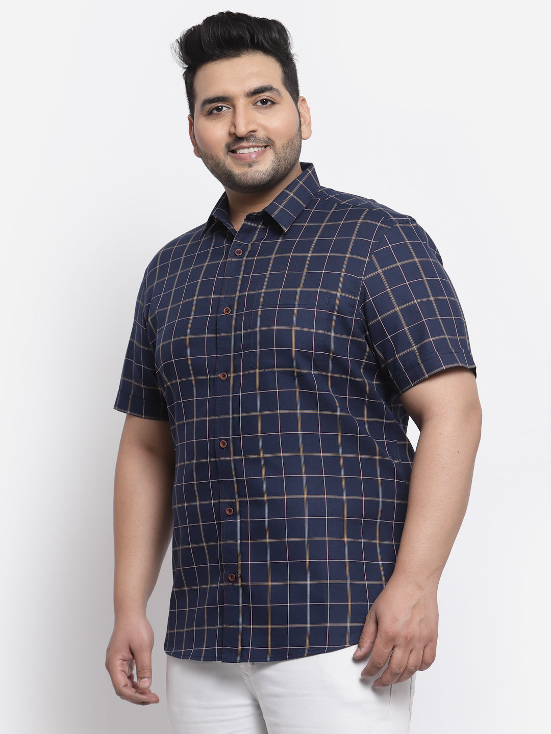 Plus Size Men Navy Blue Windowpane Checks Checked Casual Shirt