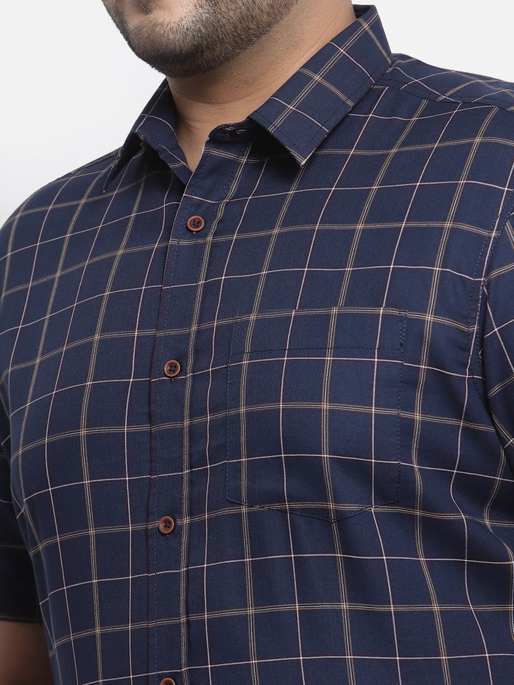 Plus Size Men Navy Blue Windowpane Checks Checked Casual Shirt