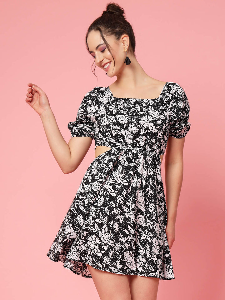 Black  White Floral Printed Puff Sleeve Cut Out Monochrome Fit  Flare Dress