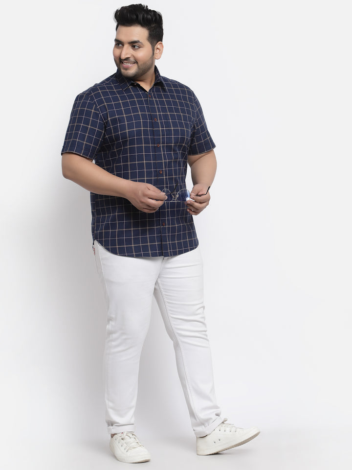 Plus Size Men Navy Blue Windowpane Checks Checked Casual Shirt