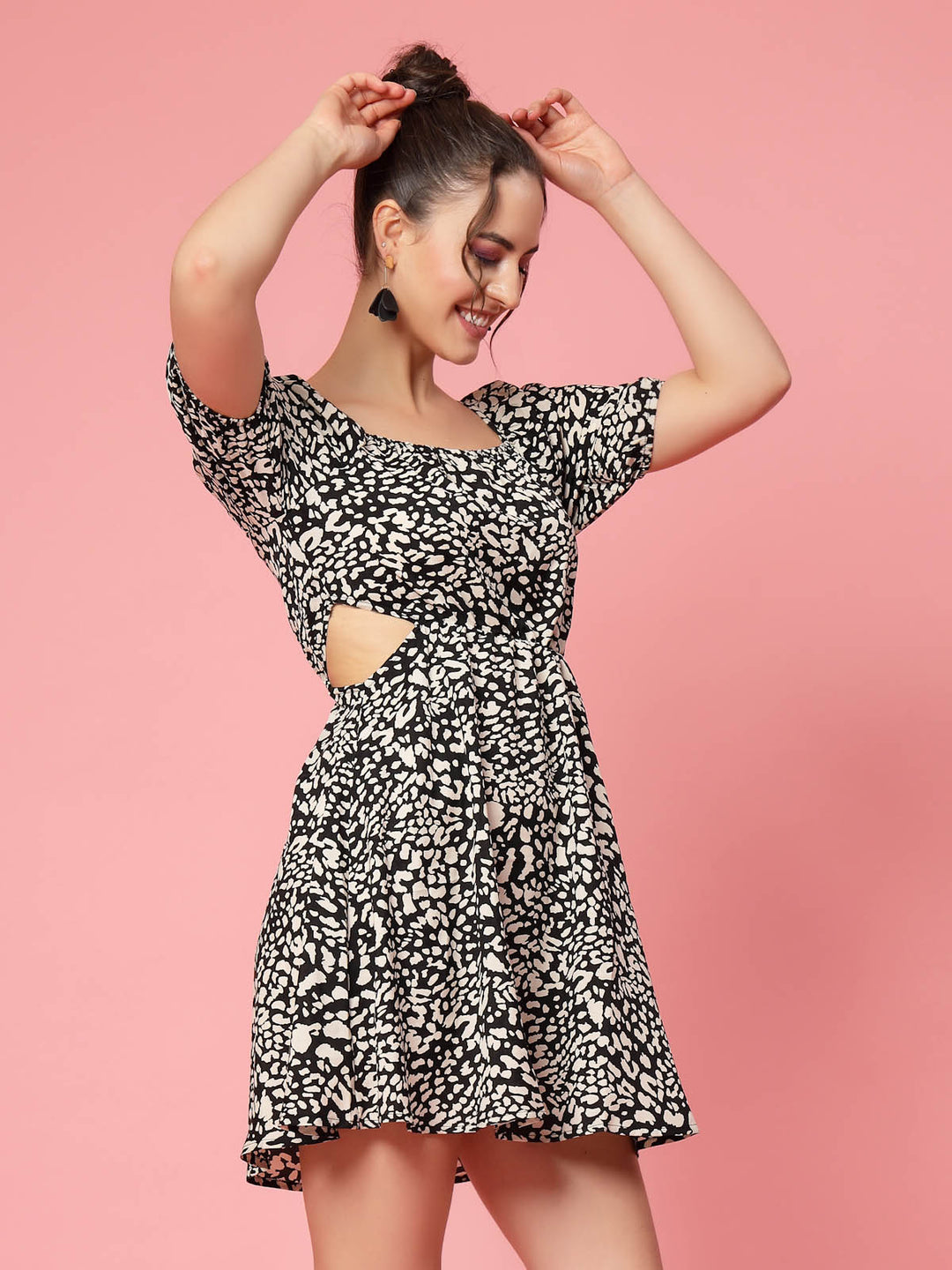 Black Abstract Printed Cut-Out A-Line Dress