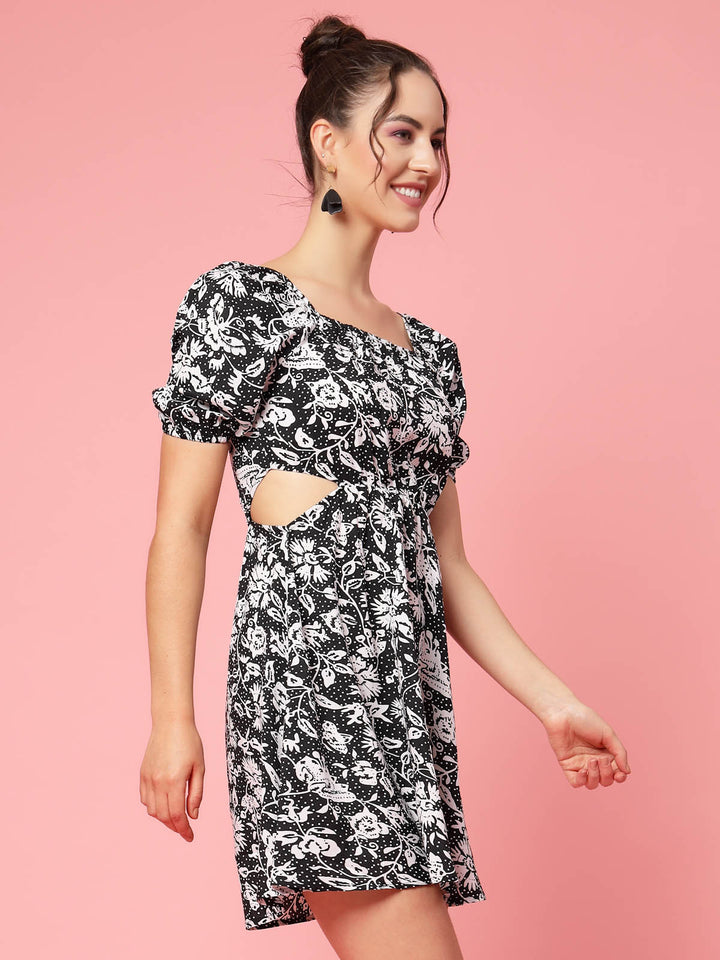 Black  White Floral Printed Puff Sleeve Cut Out Monochrome Fit  Flare Dress