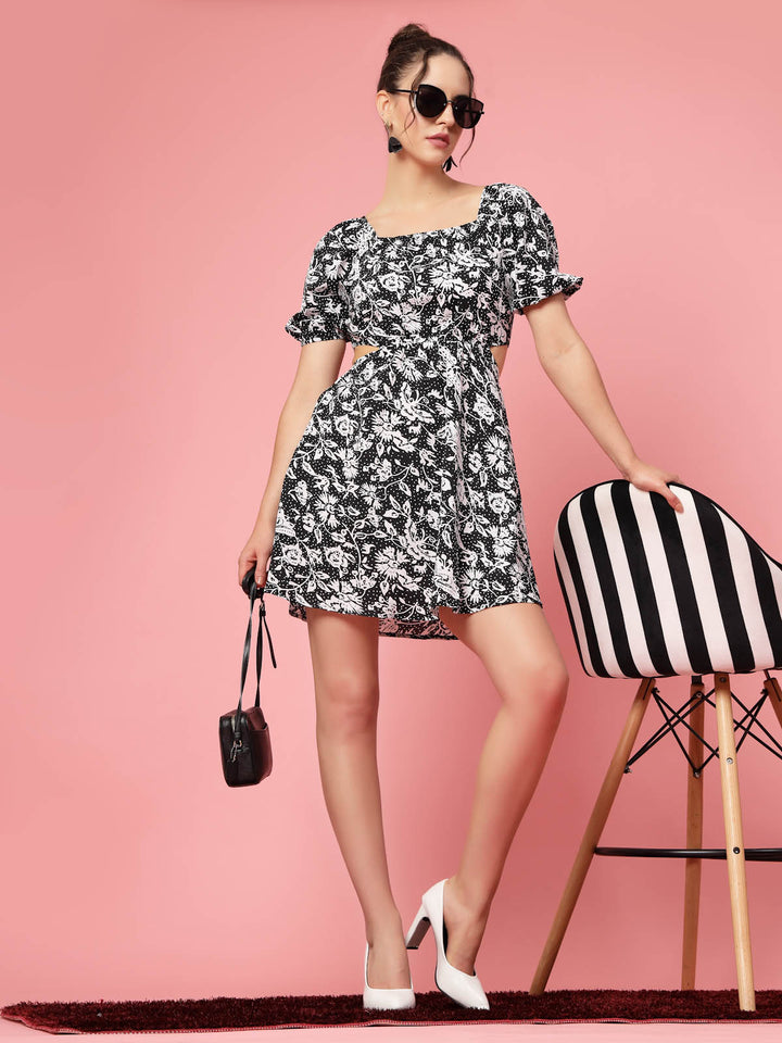 Black  White Floral Printed Puff Sleeve Cut Out Monochrome Fit  Flare Dress