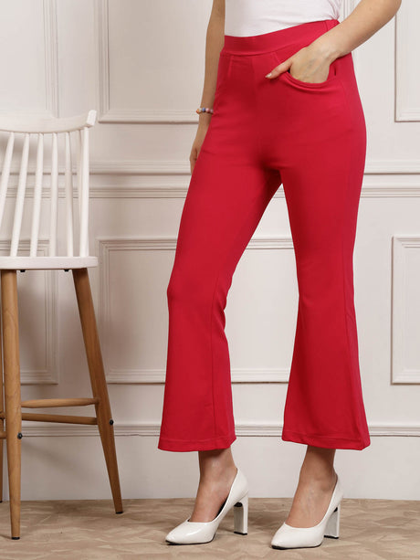 Women Red Mid-Rise Smart Cropped Bootcut Trousers