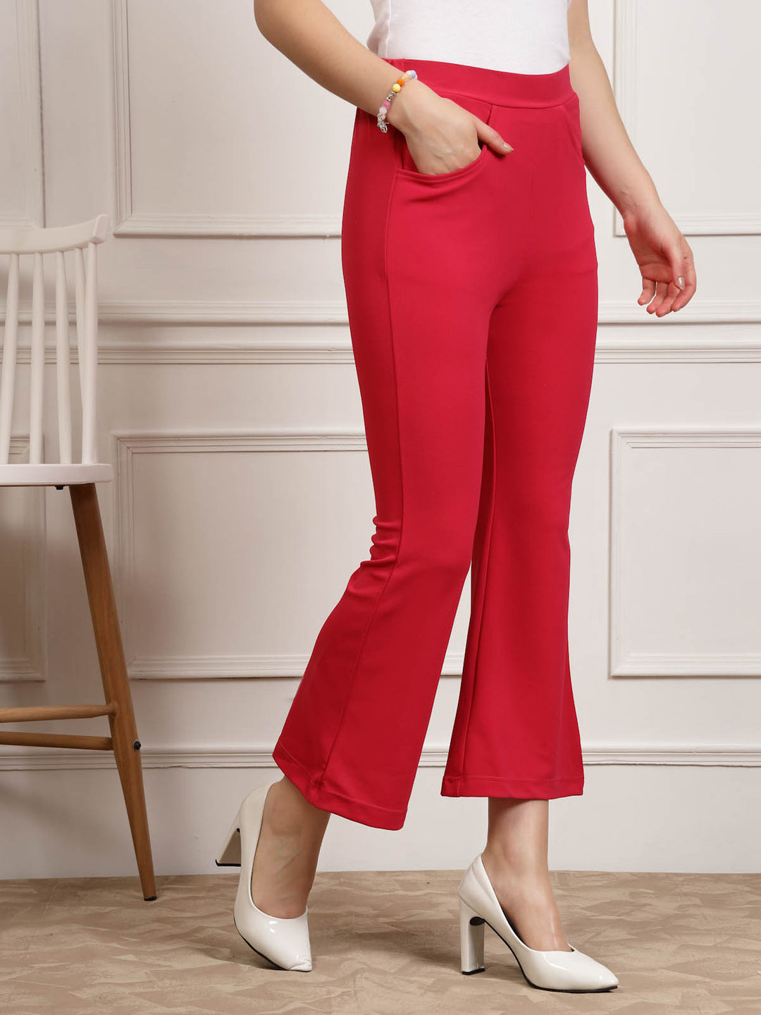 Women Red Mid-Rise Smart Cropped Bootcut Trousers