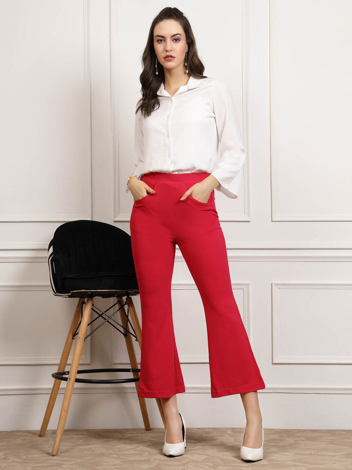 Women Red Mid-Rise Smart Cropped Bootcut Trousers