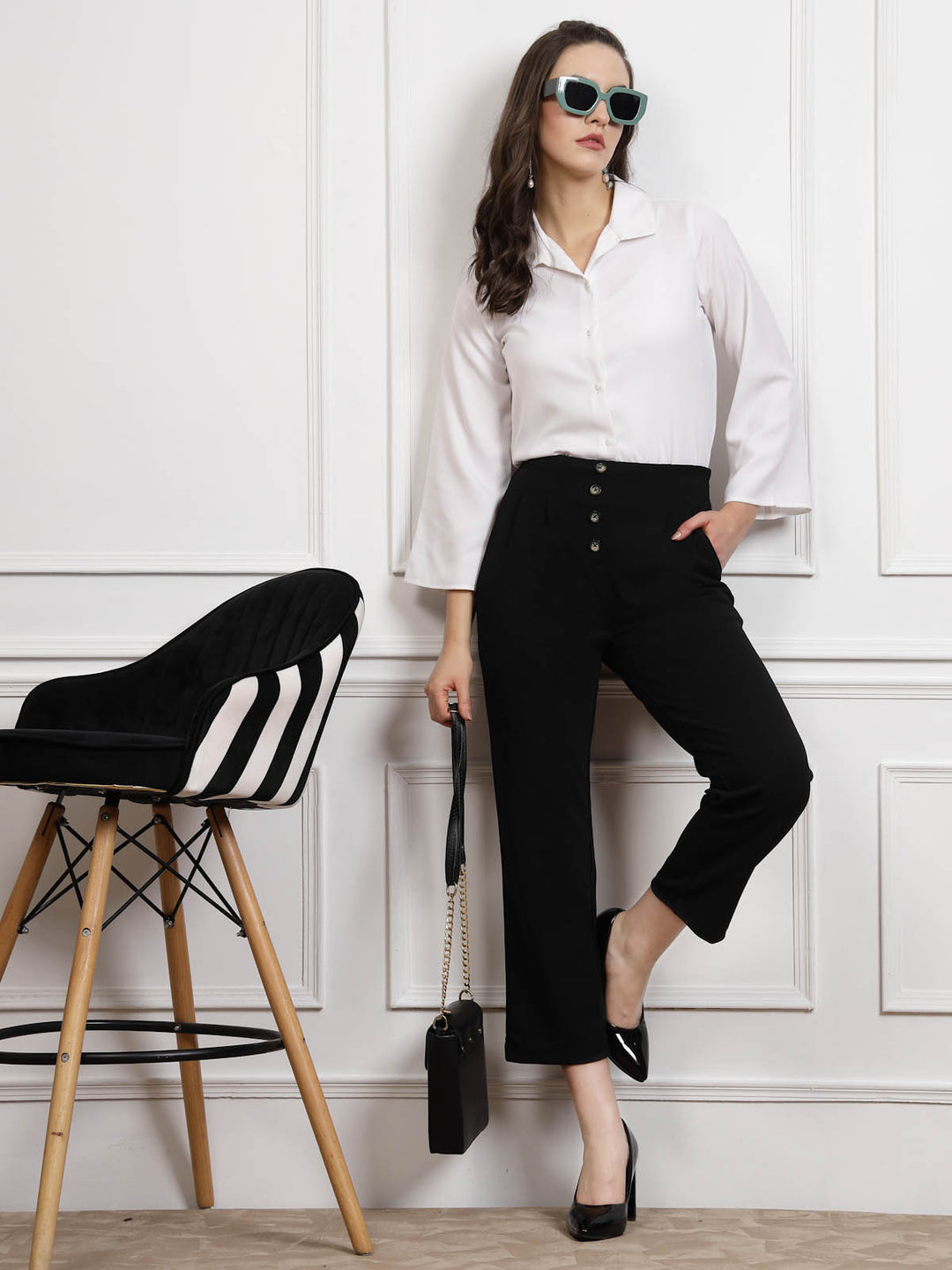 Black Women Mid Rise Pleated Trousers