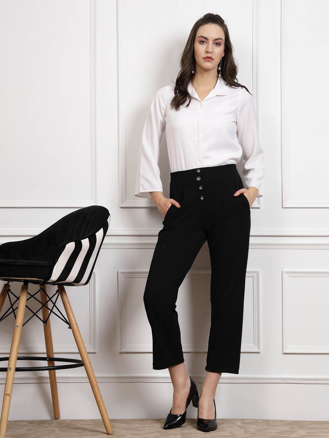 Black Women Mid Rise Pleated Trousers