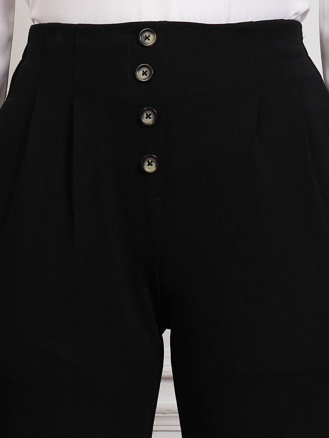 Black Women Mid Rise Pleated Trousers