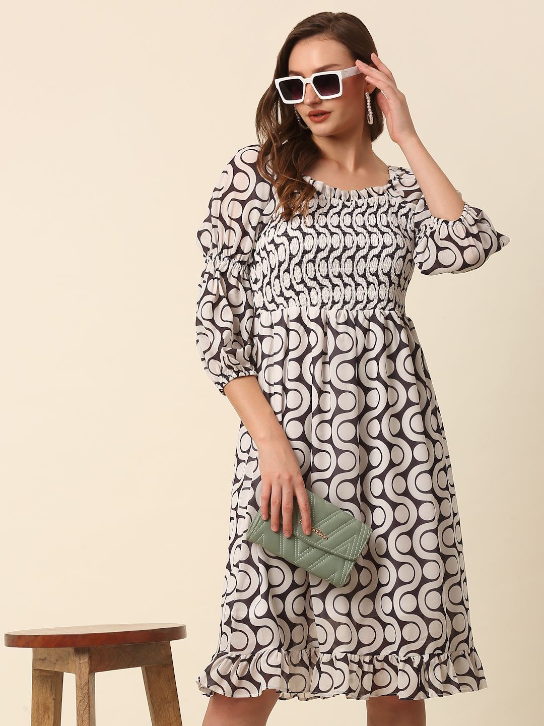 White  Black Monochrome Geometric Printed Puff Sleeves Smocked A-Line Dress