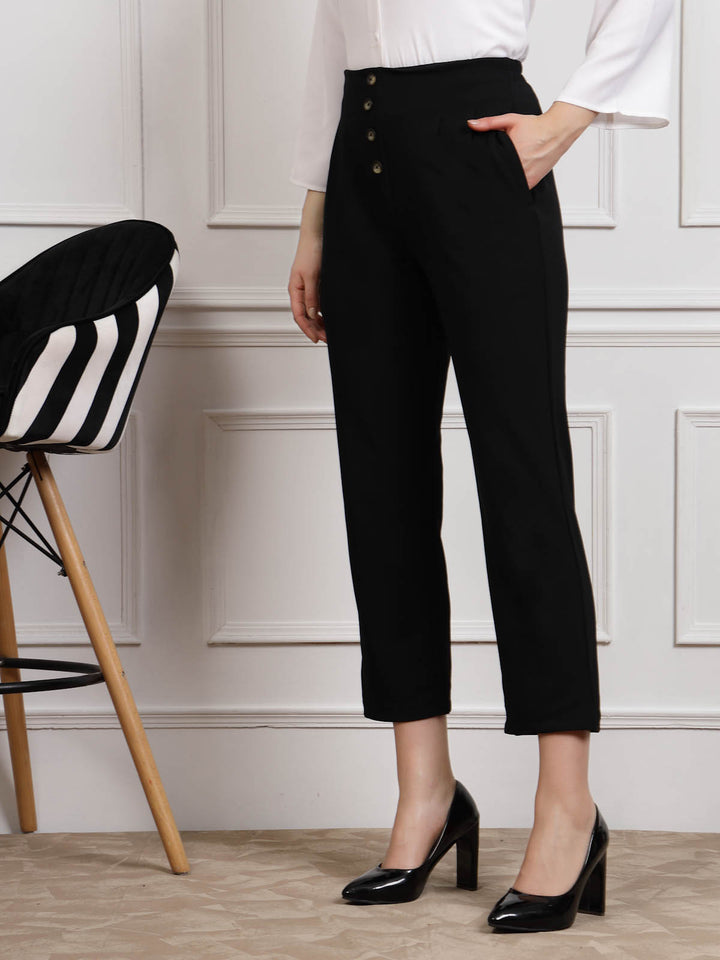 Black Women Mid Rise Pleated Trousers