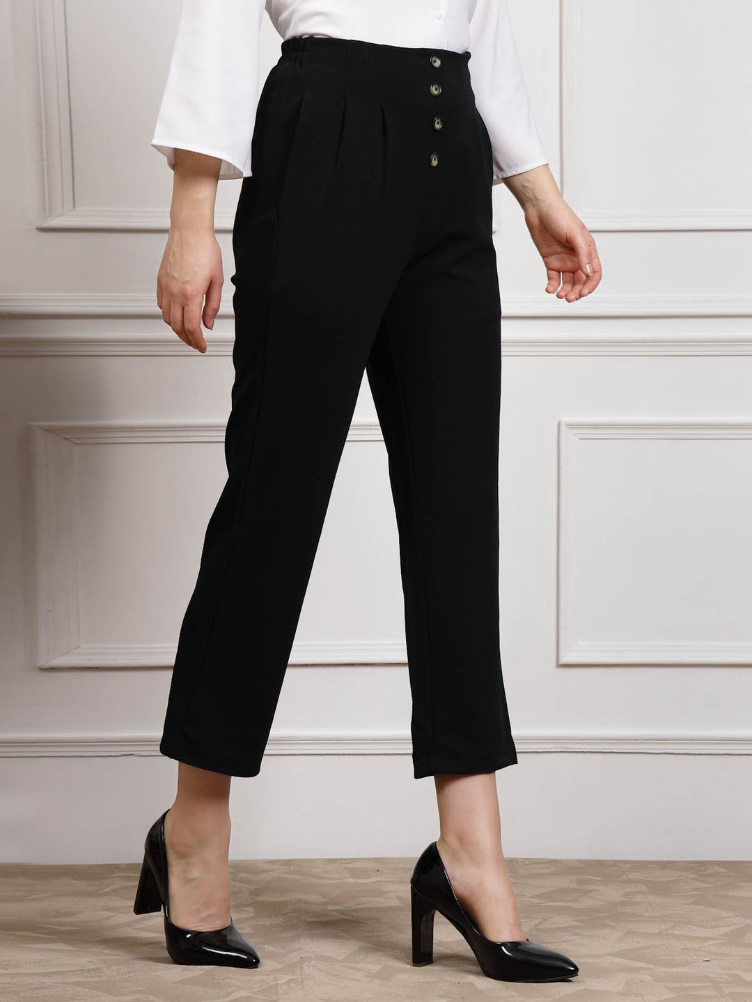 Black Women Mid Rise Pleated Trousers