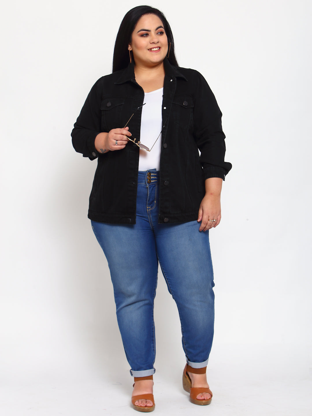 Plus Size Women Black Solid Denim Jacket