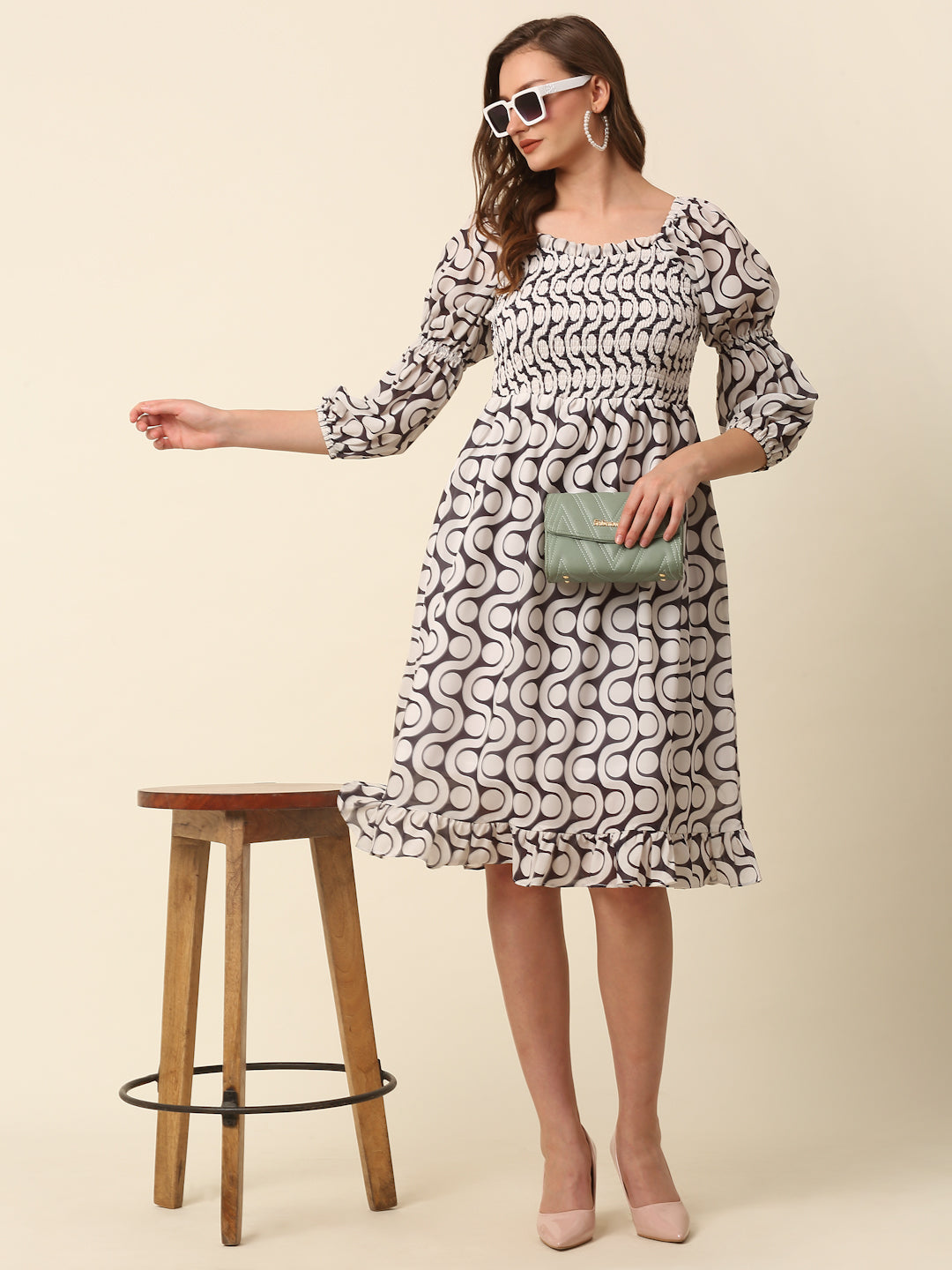 White  Black Monochrome Geometric Printed Puff Sleeves Smocked A-Line Dress