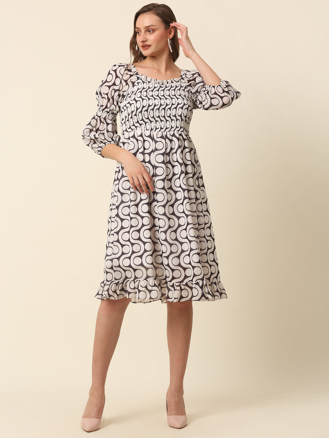 White  Black Monochrome Geometric Printed Puff Sleeves Smocked A-Line Dress