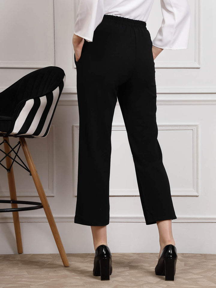 Black Women Mid Rise Pleated Trousers