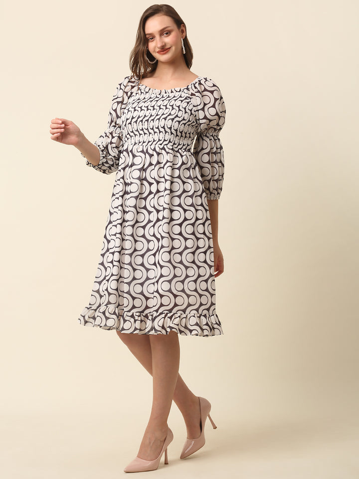 White  Black Monochrome Geometric Printed Puff Sleeves Smocked A-Line Dress