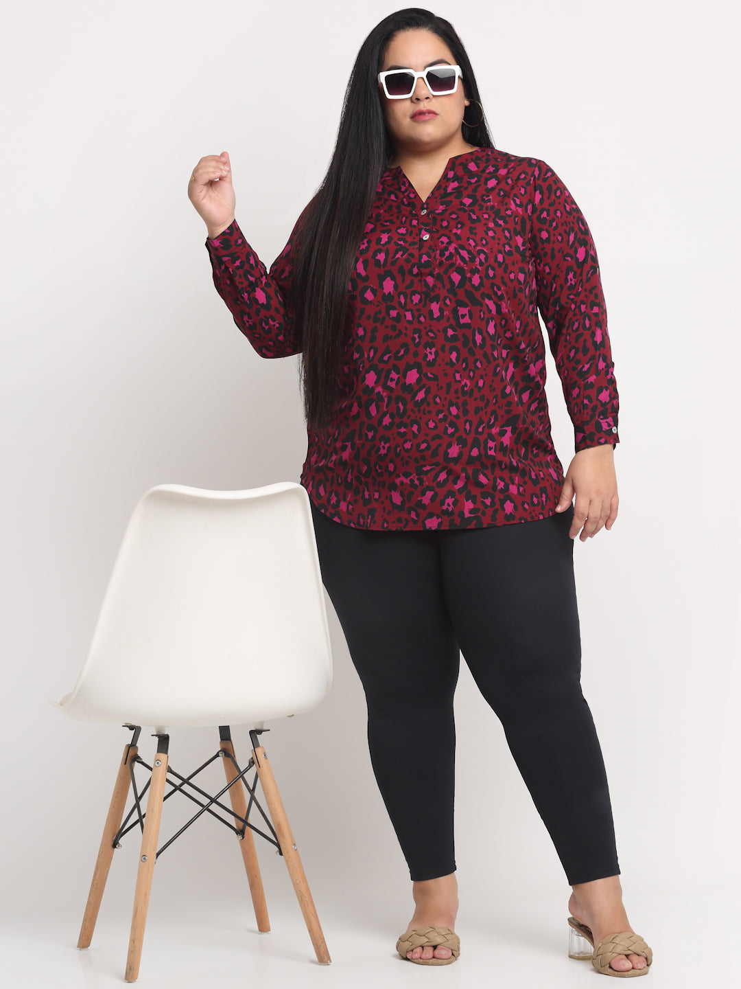 Plus Size Red Floral Print Mandarin Collar Shirt Style Top