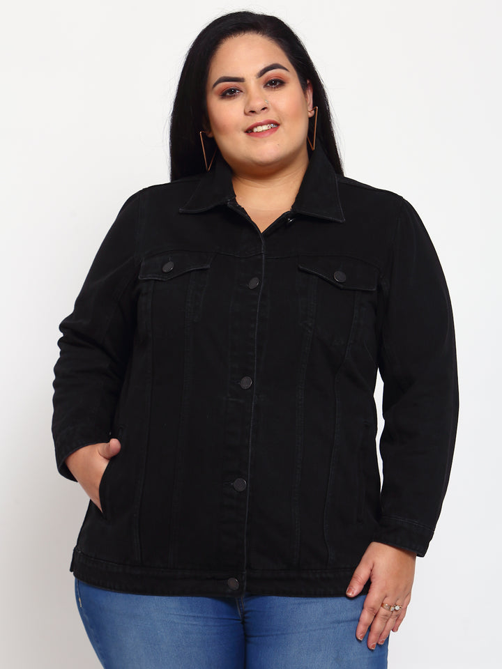 plusS Women Black Solid Denim Jacket