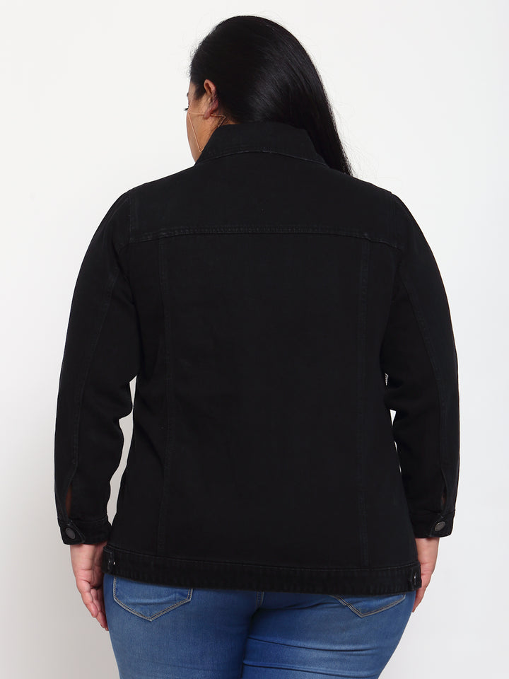 plusS Women Black Solid Denim Jacket