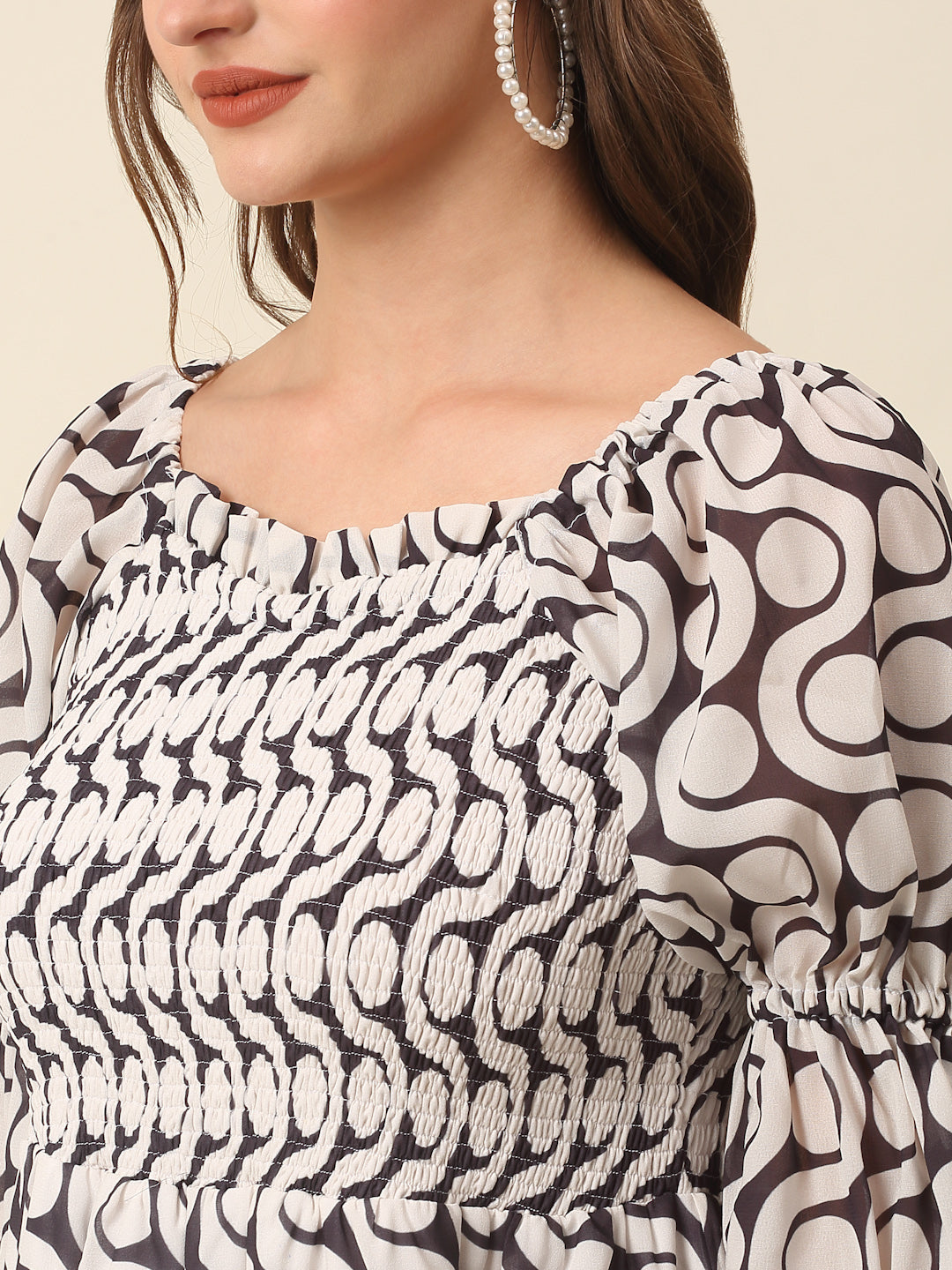 White  Black Monochrome Geometric Printed Puff Sleeves Smocked A-Line Dress