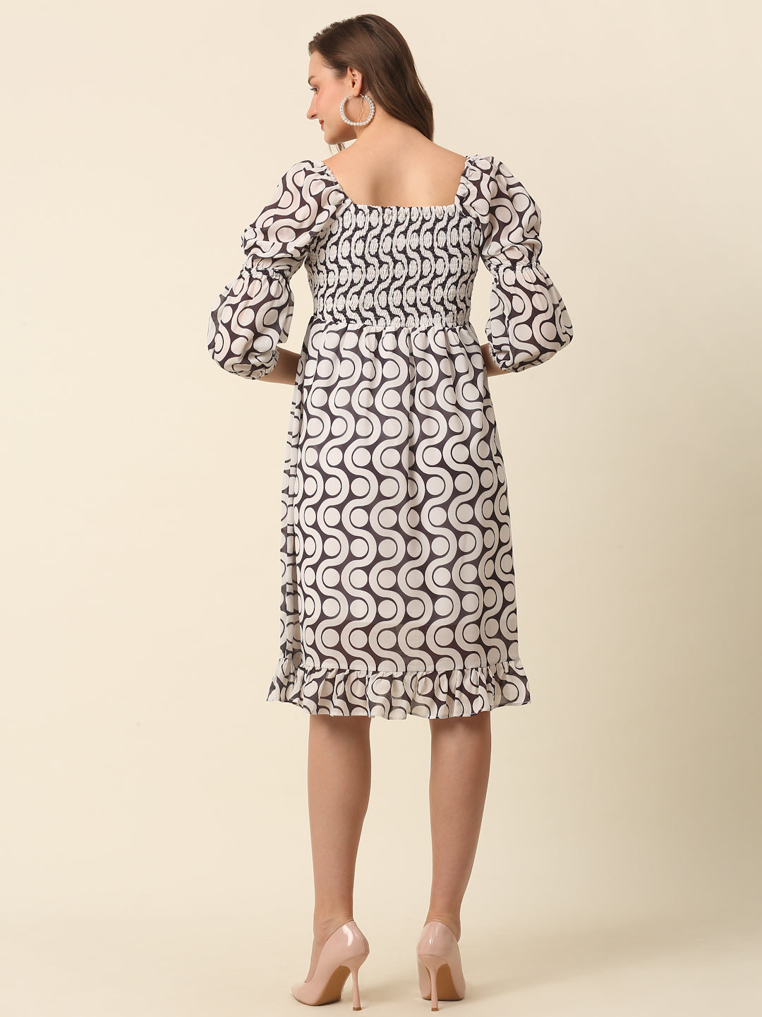 White  Black Monochrome Geometric Printed Puff Sleeves Smocked A-Line Dress