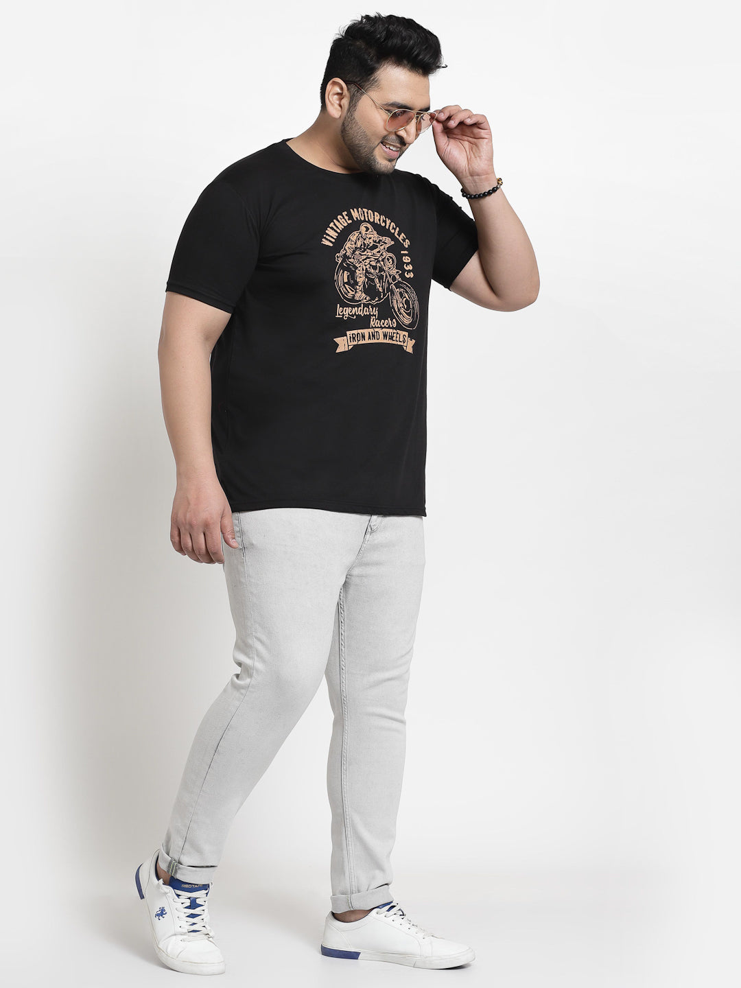 Plus Size Black Printed Cotton T-shirt