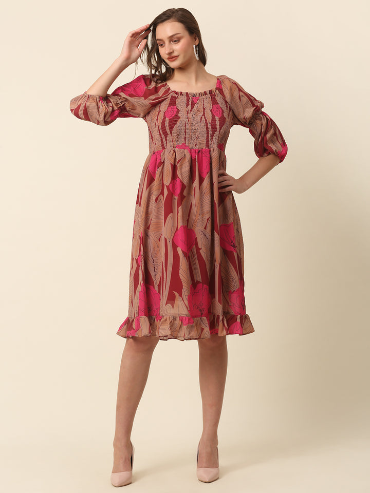 Pink & Brown Floral Printed Puff Sleeves Smocked A-Line Dress