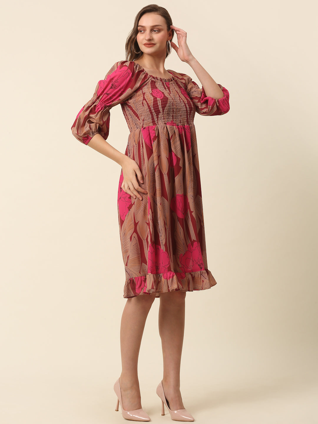 Pink & Brown Floral Printed Puff Sleeves Smocked A-Line Dress