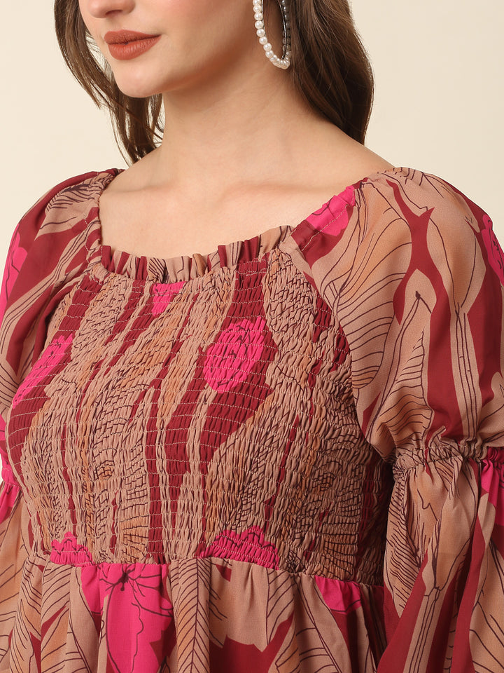 Pink & Brown Floral Printed Puff Sleeves Smocked A-Line Dress